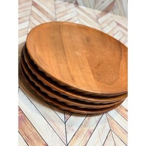 Set of 4 Carved Wood Appetizer Plates Round Scalloped Edge Farmhouse Modern